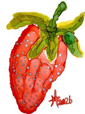 Strawberry Sweet Original Alcohol Ink Painting 8x10in Matted Frame Ready